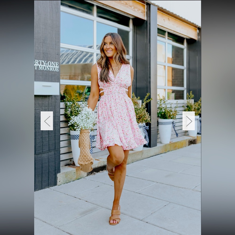 V-Neck Slide Cutout Pink Floral Dress